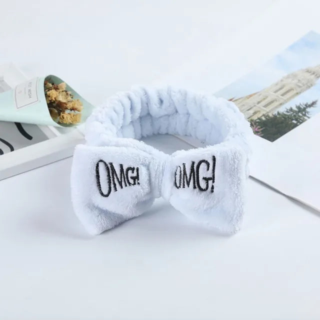 OMG Letter Bow Headbands Versatile Girls Women Wash Face Soft Turbans Elastic Hair Bands Coral Fleece Makeup Assistant Headwear